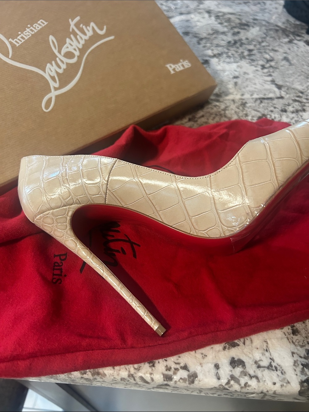 Christian Louboutin Beige Croc-Embossed Pointed-Toe Pump